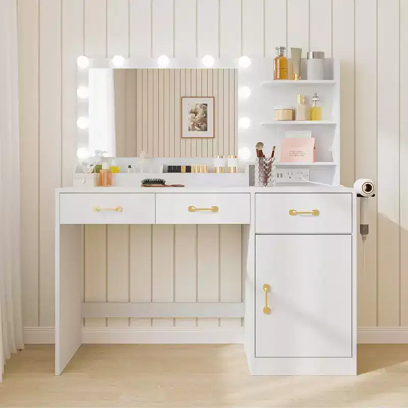 Vanity Desk with Mirror, LED Lights and Power Outlet – 3 Drawers & Storage Shelves