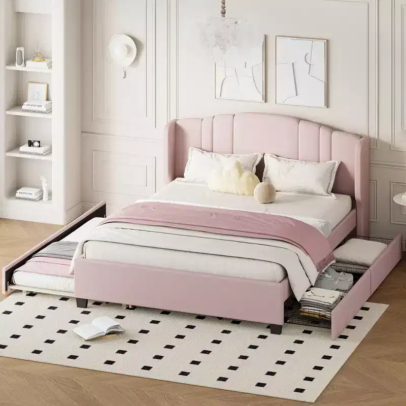 Queen Upholstered Platform Bed with Wingback Headboard, Twin Trundle and 2 Drawers, Pink