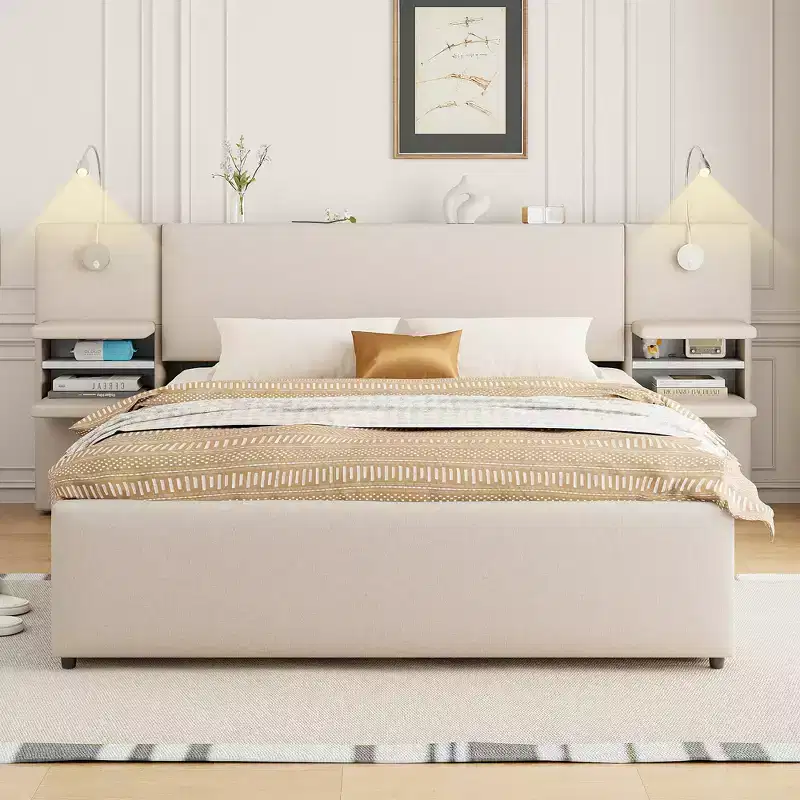 Queen Size Upholstered Platform Bed with Reading Lights and Shelves, Linen Queen Wooden Bed Frame with Storage Drawers and Shelves