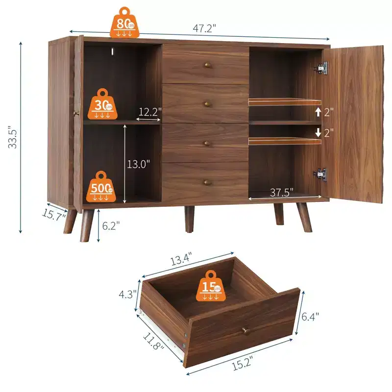 47'' Sideboard Buffet Cabinet, Coffee Bar Cabinet with 4 Drawers & Adjustable Shelves, Entryway Console Table, Kitchen Pantry Storage Cabinet