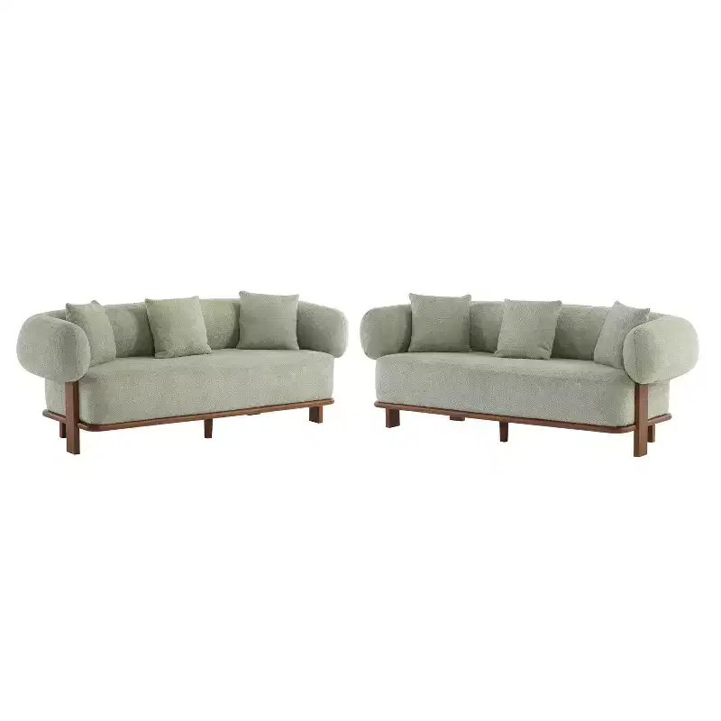 Christopher Knight Home Jose 82 " Set of 2 Rubberwood Boucle Upholstered 3 Seater Curved Sofa with Pillows Light Green
