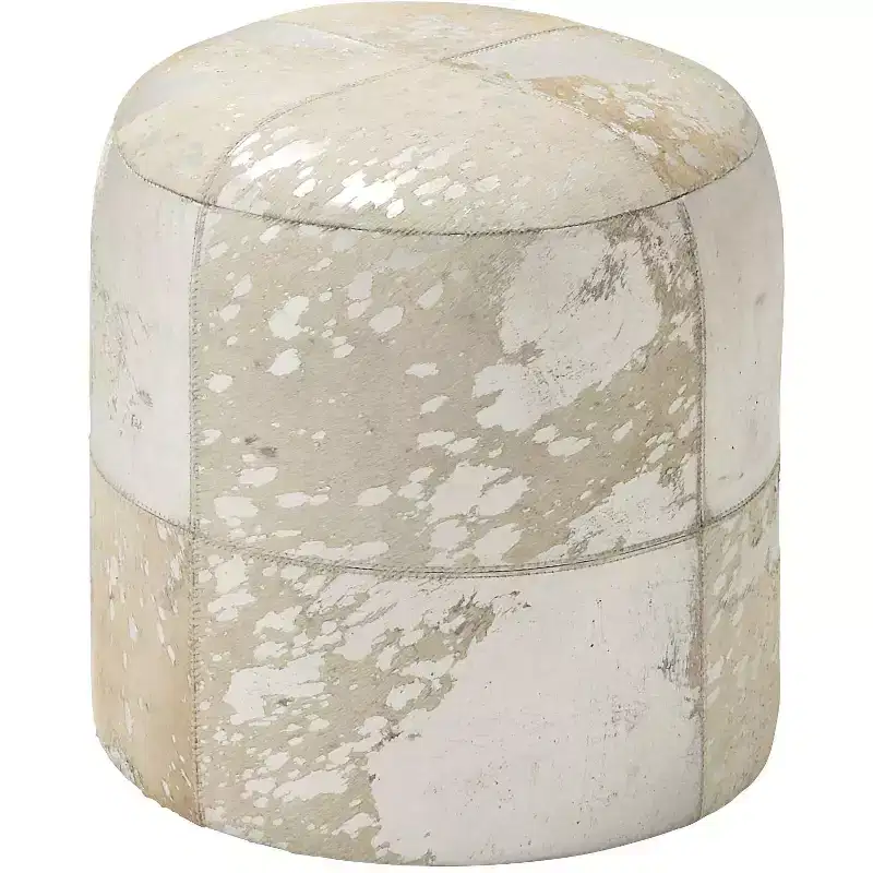 17 High Silver and White Leather Round Ottoman