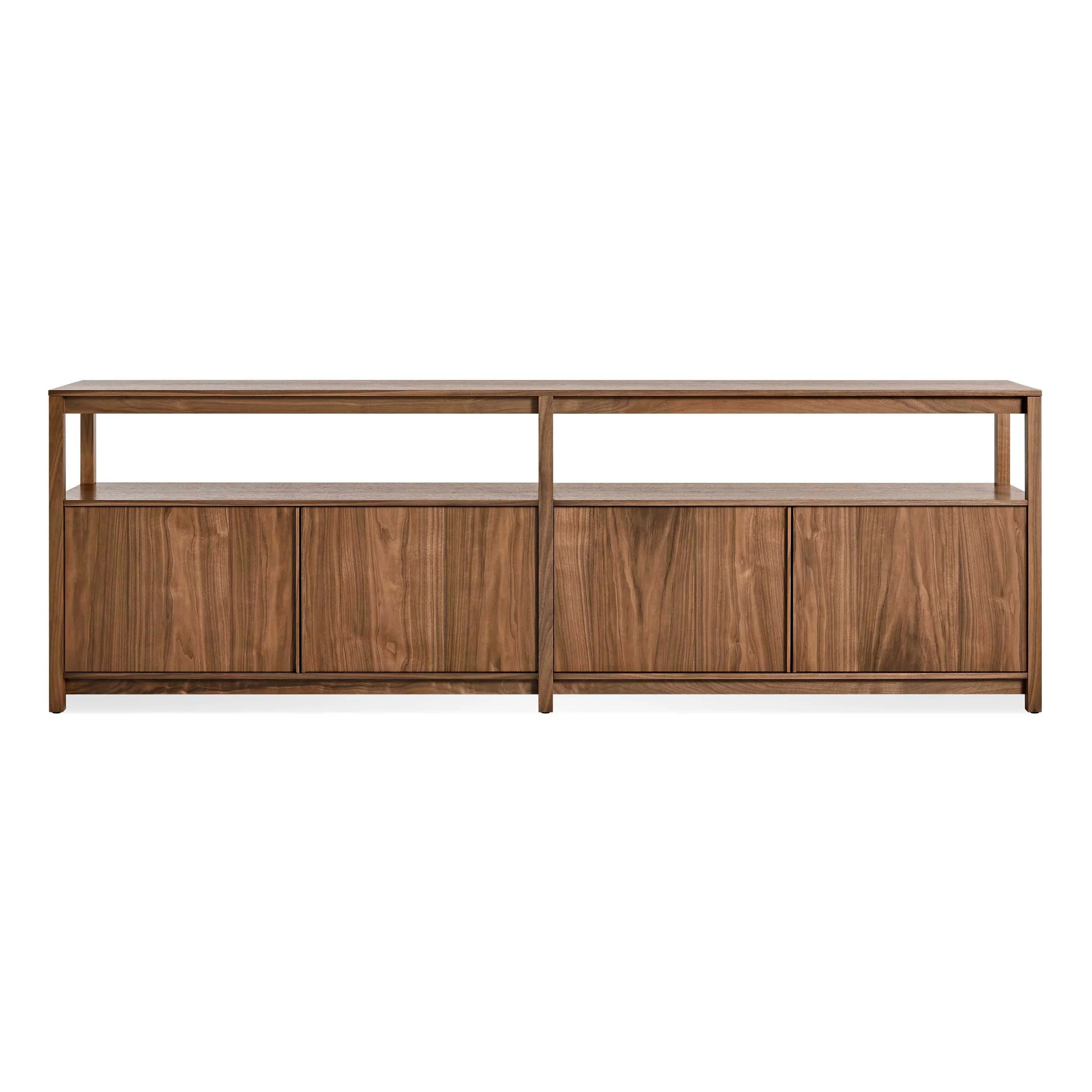 Modern Walnut Wood Low Bookcase with Open Shelf & Cabinet Doors for Living Room