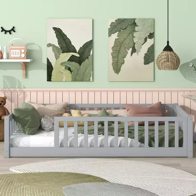 Twin Floor Bed with Fence & Rubber Wood Guardrails – Gray