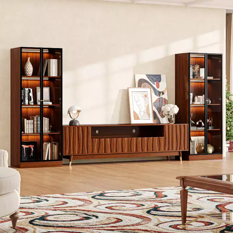 ATJafurn Walnut Mid-century Modern TV Stand with Storage and Two 4-Tier Glass Display Cabinet, Brown Wood Entertainment Center Set for TVs up to 85''