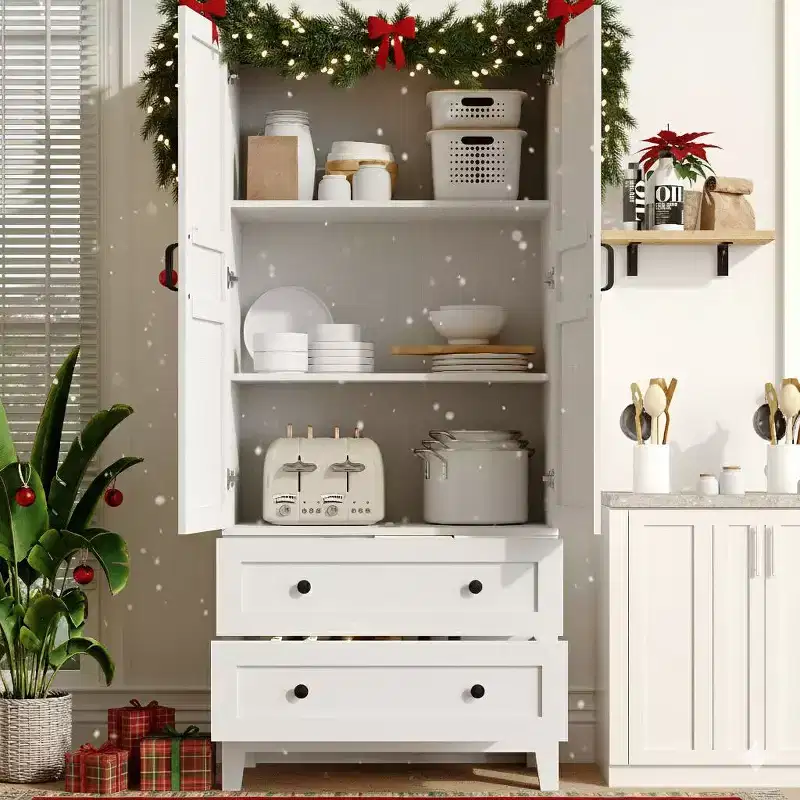 White Tall Storage Cabinet – 2 Doors, 2 Drawers, Adjustable Shelves