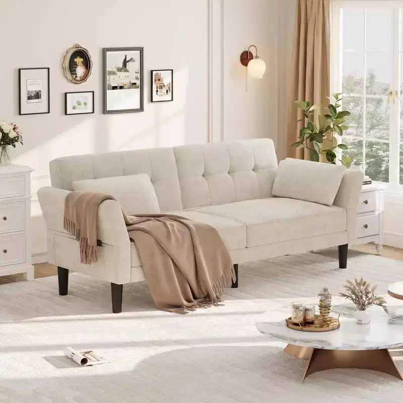 89 Futon Sofa Bed, Modern Sleeper Sofa with Adjustable Backrest & Armrest, Convertible Futon Couch Bed with 2 Pillows for Living Room, Bedroom