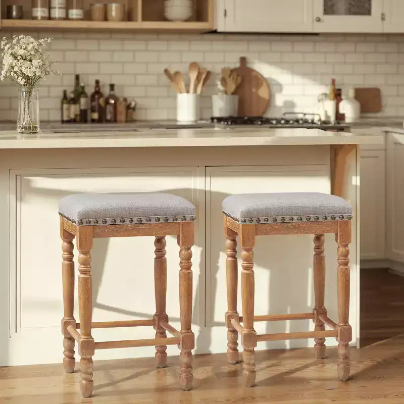 Subrtex 26.6Counter & Bar Solid Wood Backless Stool, Linen Upholstered with Nailhead Trim, Rustic Solid Wood Frame for Kitchen & Home Bar (Set of 2)