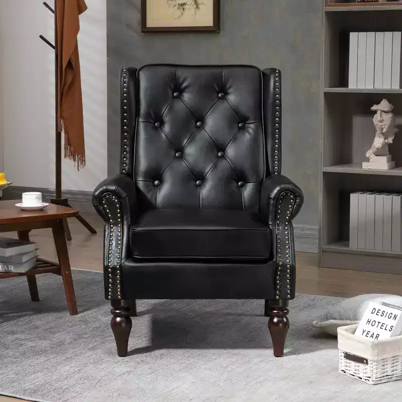 Wood Frame Armchair, Sturdy Wood Legs, Living Room Bedroom, Black PU