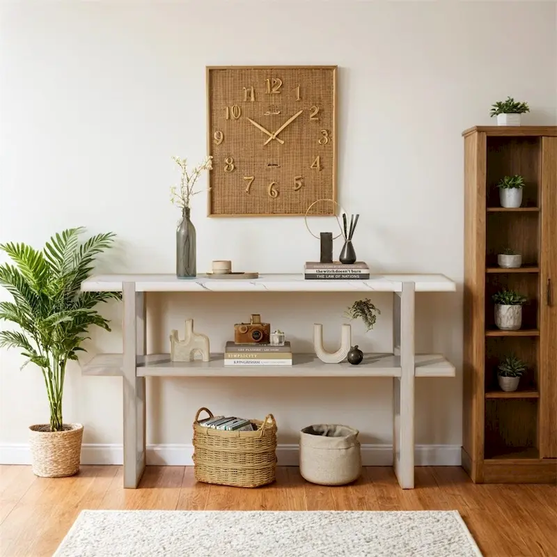 Retro Console Table with Marble-Effect Top and Open Storage Shelf