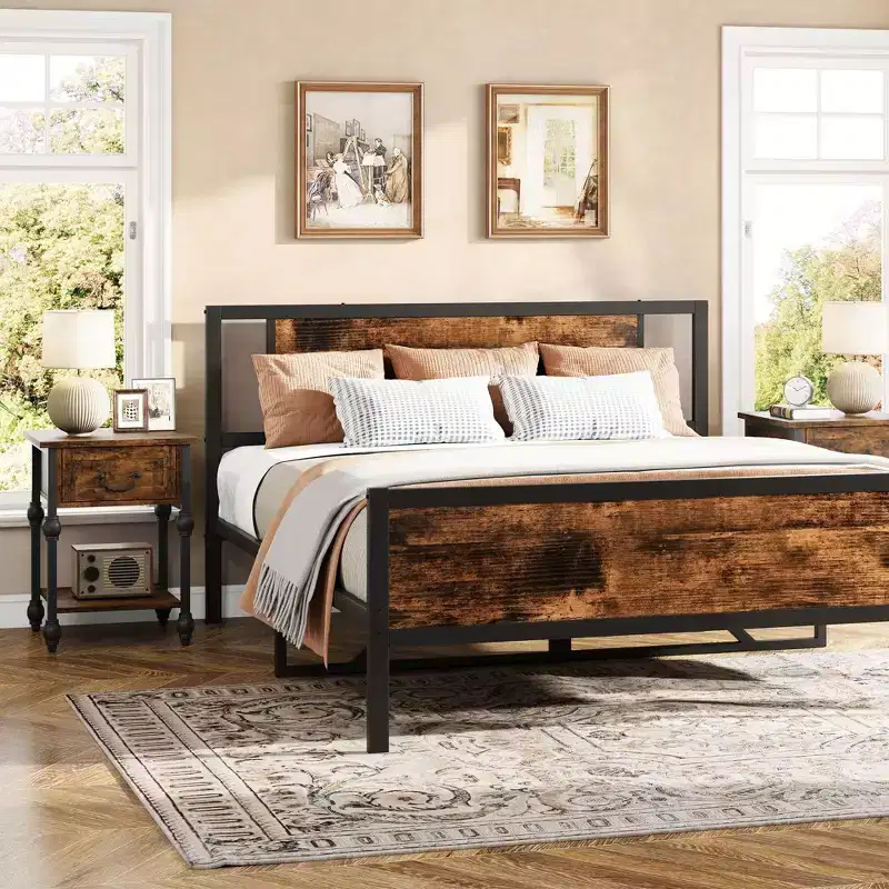 Industrial 2-Piece Nightstand Set with Drawer & Shelf, Metal Frame End Tables with Wooden Top, Space-Saving Accent Tables for Living Room, Bedroom