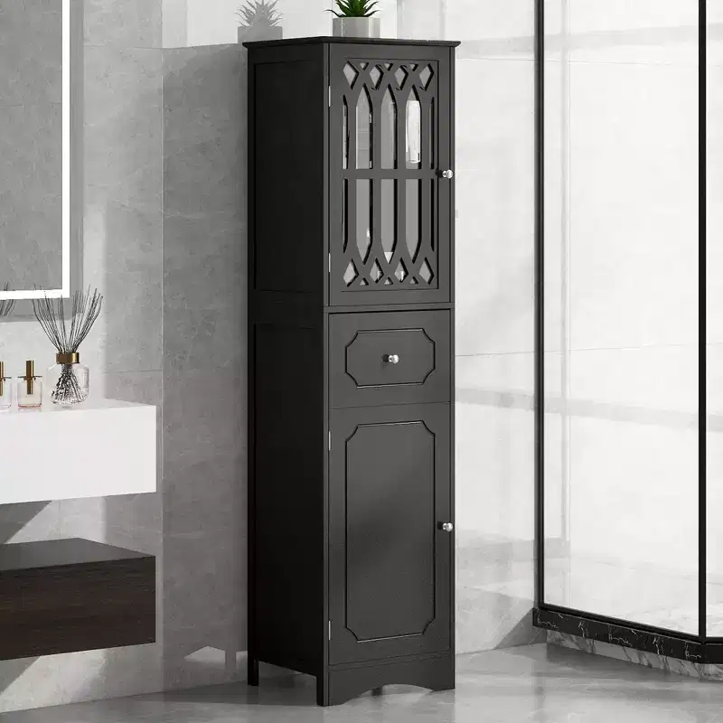GDFStudio Leona Modern Wood Tall Freestanding Bathroom Storage Cabinet with Drawer, Acrylic Door and Adjustable Shelf