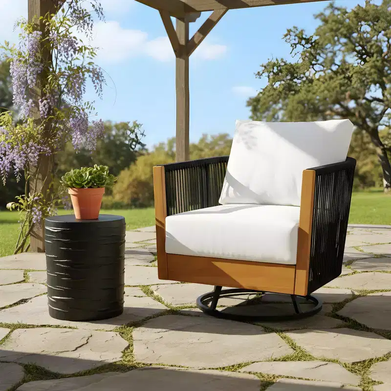 Christopher Knight Home Selene 2 Piece Rustic Patio Acacia Wood Rope Swivel Chair with Lightweight Concrete Table