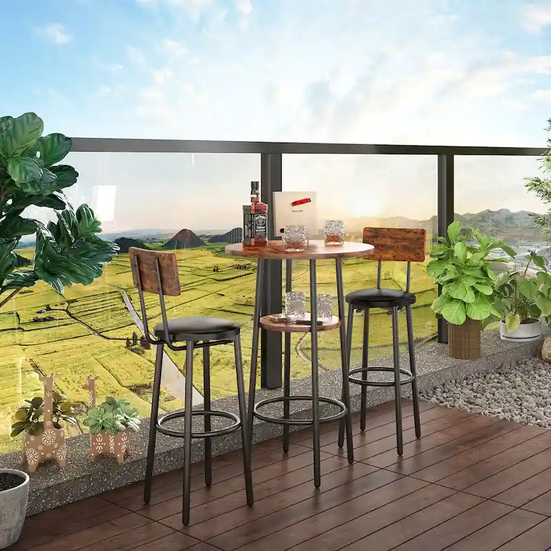 Grondin Industrial Style 3-Piece Round Bistro Pub Table Set with 2 PU Leather Bar Stools and Shelf, Counter Height Bar Table Set
