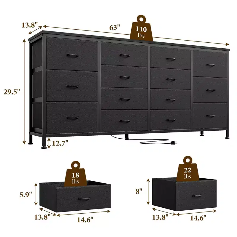 14 Drawer Dresser, 63 Fabric Dresser TV Stand with Power Outlet for 75 TV, Long Entertainment Center for Living Room