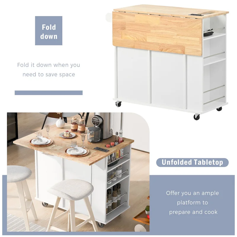 Adjustable Shelves Kitchen Island with Power Outlet and Drop Leaf