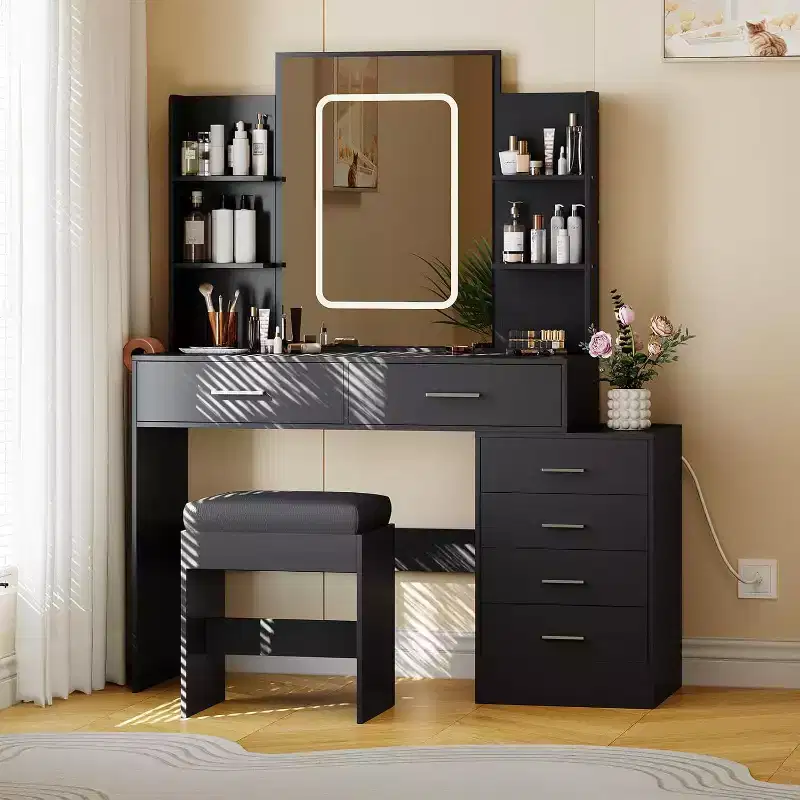 Modern Vanity Desk, Makeup Vanity Set with 6 Drawers and Shelves, Vanity with Vanity with Stool for Bedroom