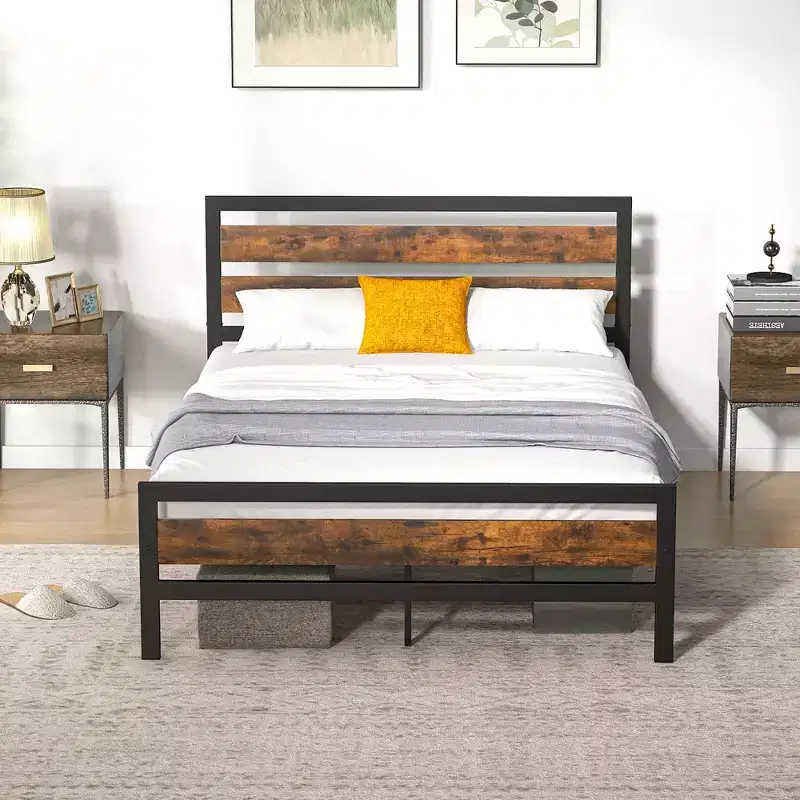 Full/Queen Industrial Metal Platform Bed with Rustic Wood Headboard