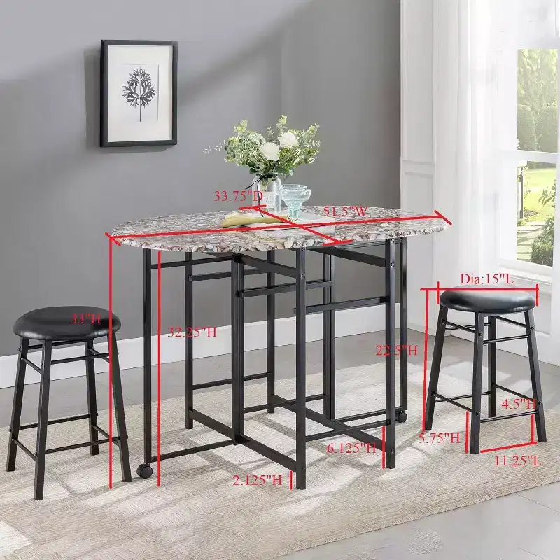 Kings Brand Furniture  Akins 3-Piece Drop-Leaf Dinette Set with Faux Marble Tabletop and Faux Leather Stools