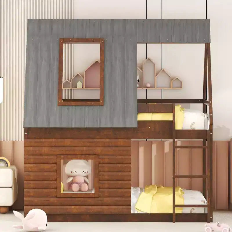 Twin over Twin Wood House Bunk Bed with Roof, Ladder and 2 Windows, Oak & Smoky Gray - ModernLuxe