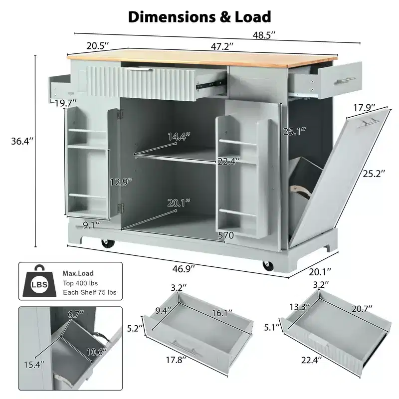 Whisen Classic Style Kitchen Islands on 5 Wheels with 3 Drawer and 3 Open Side Racks