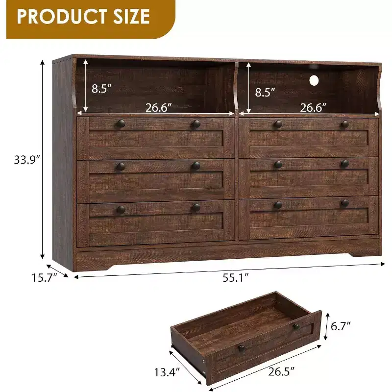 Acekool 55 6 Drawer Dresser with Power Outlet & LED Lights, Large Modern Chest, Wide Dresser TV Stand for Bedroom Living Room Hallway