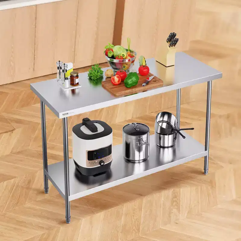 Stainless Steel Prep Table, 24 x 60 x 34 Inch, 840 lbs Load Capacity, Heavy Duty Metal Worktable with 3 Adjustable Height Levels