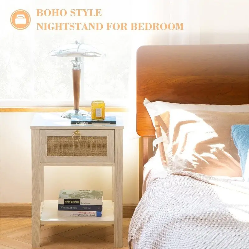White Nightstand Set of 2 Rattan Decor Drawer