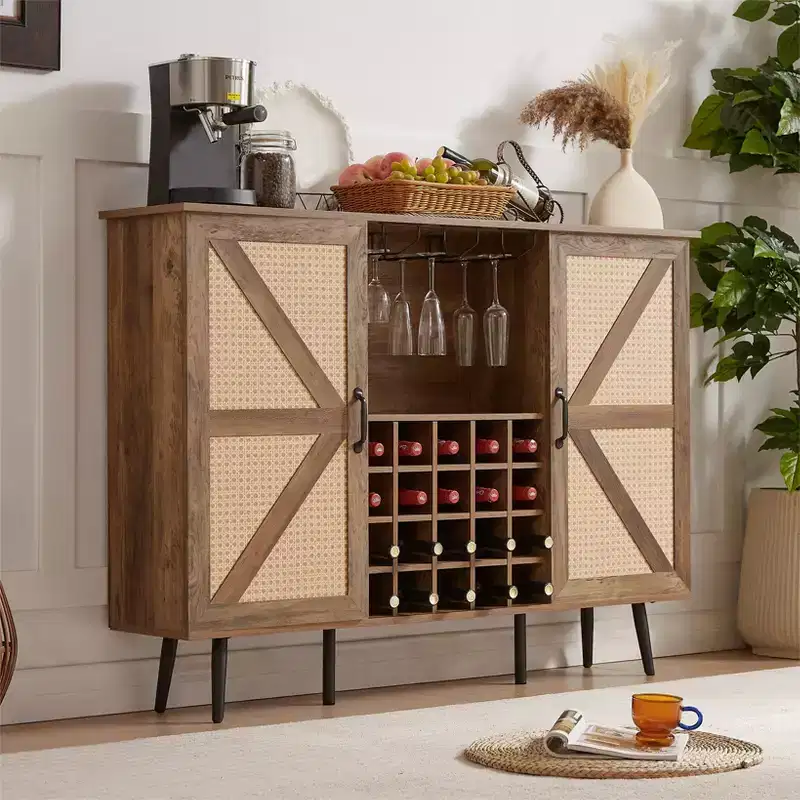 38.2H Rustic Wood Faux Rattan Storage Cabinet with Square Compartments, Racks, 2 Doors and Removable Shelves, 4Q -ModernLuxe