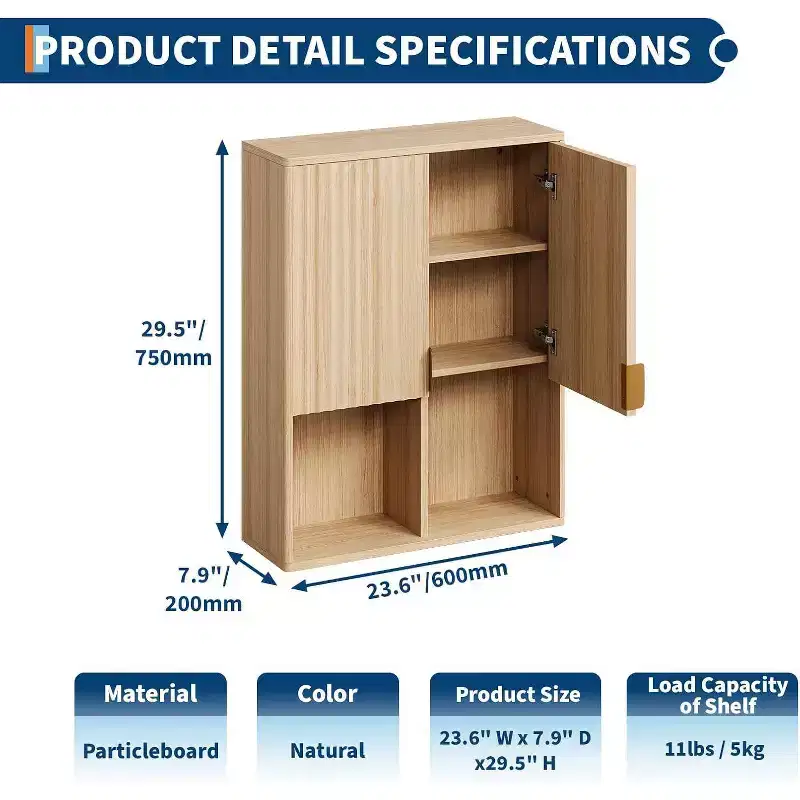 Acekool Fluted Bathroom Wall Cabinet 23x29 Over Toilet Organizer, Adjustable Shelf, Quiet Hinges, Modern Medicine Cabinet, Natural Wood Look