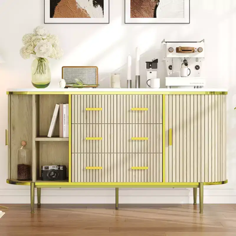 59in Sideboard Buffet Cabinet, Farmhouse Fluted Credenza Storage Cabinet Media TV Console Table with 6 Drawers 2 Sliding Doors for Living Room