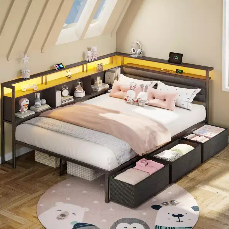 Black Full Bed Frame with LED Lights Charging Station Storage Bookcase 3 Drawers Upholstered Headboard Corner Daybed No Box Spring Support