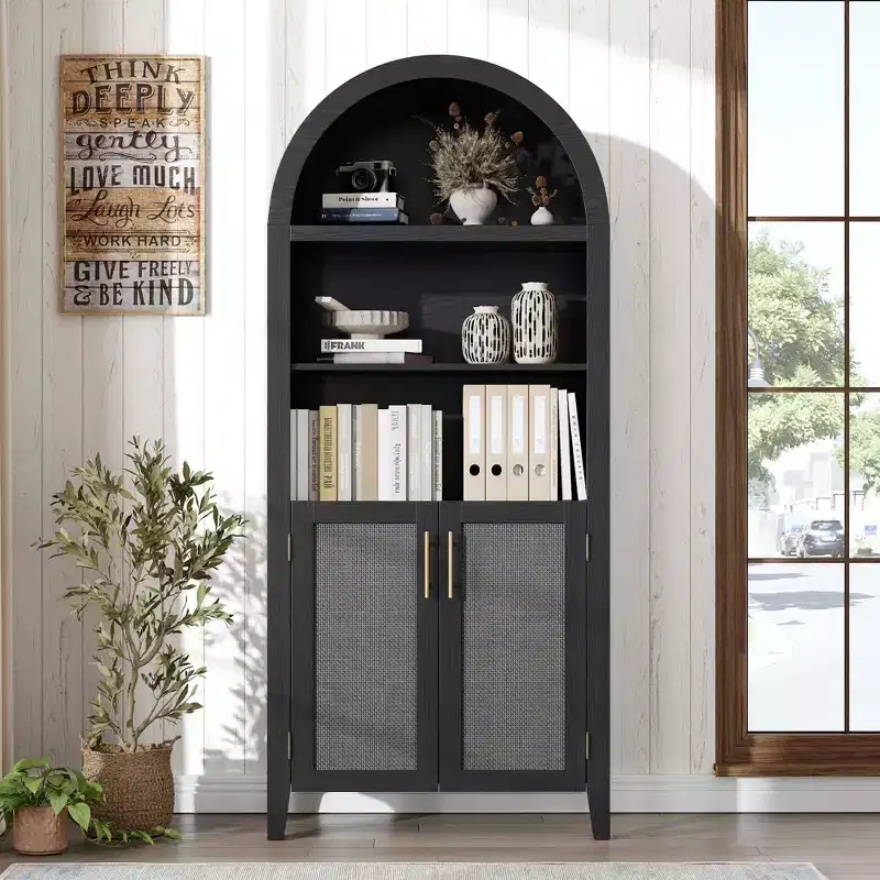COZONY Arched Bookcase with Doors, 5-Tier Open Display Shelf with Rattan Decor, Modern Storage Cabinet for Home Office, Living Room, Library