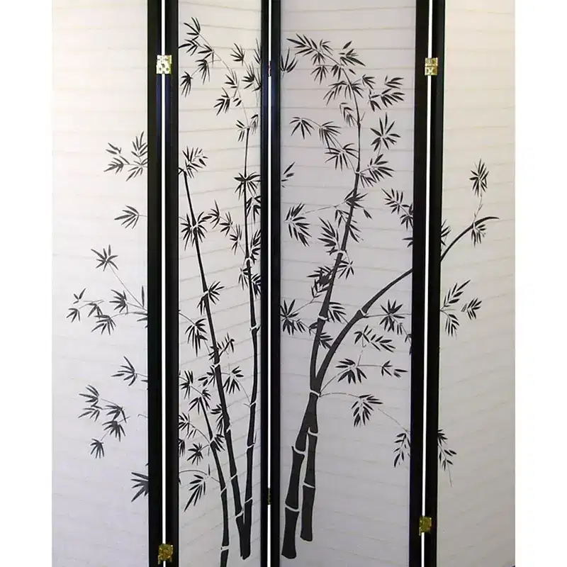 4 Panel Room Divider Bamboo - Ore International: Hardwood Spruce Frame, Botanical Floral Tree Design, No Assembly Required