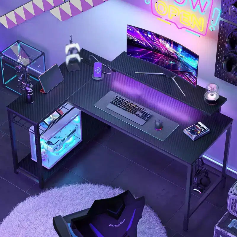 Bestier 52 Gaming Desk with LED Lights L Shaped Desk with Power Outlet & Monitor Stand Corner Computer Desk