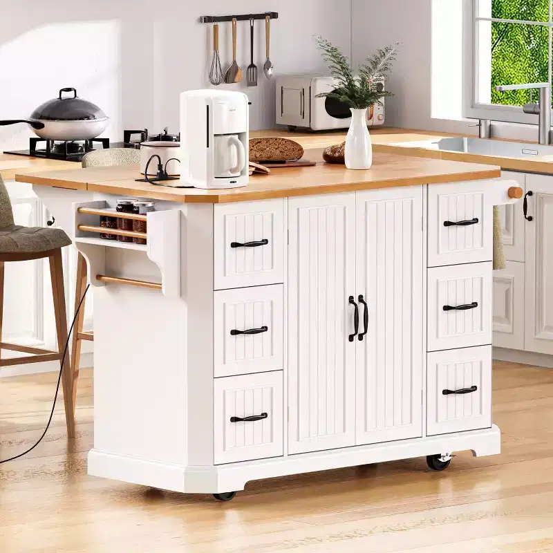 Okak Kitchen Cart with Rubberwood Veneer Drop Leaf, Countertop Organizer with Power Outlet, 4 Door Shelves and 6 Deep Drawers for Kitchen