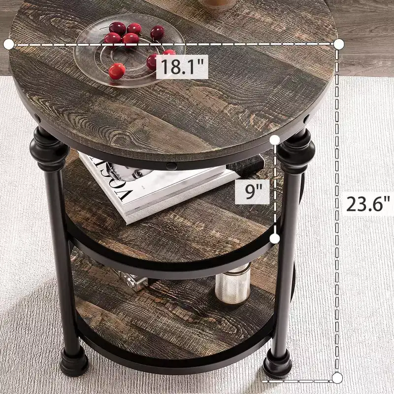 Round End Table, Small Accent Table with 3 Tier Storage Shelves, Farmhouse Wood Side Table, Metal Frame Industrial Night Stand