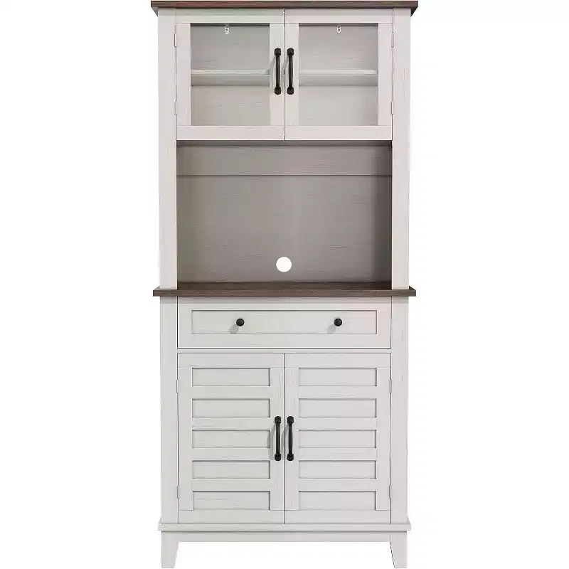 72 Tall Farmhouse Pantry Cabinet with Doors and Drawer, Adjustable Shelves Storage Hutch, Freestanding Kitchen Coffee Bar, White+Brown
