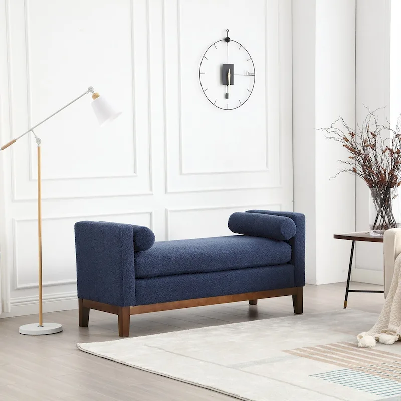 53.5W Elegant Boucle Upholstered Bench, Ottoman with Wood Legs & Bolster Pillows