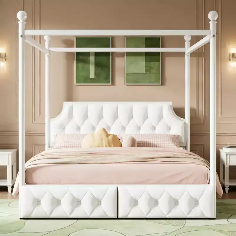 Luxystar Modern Queen Size Metal Canopy Platform Bed with Upholstered Headboard and 2 Drawers, White