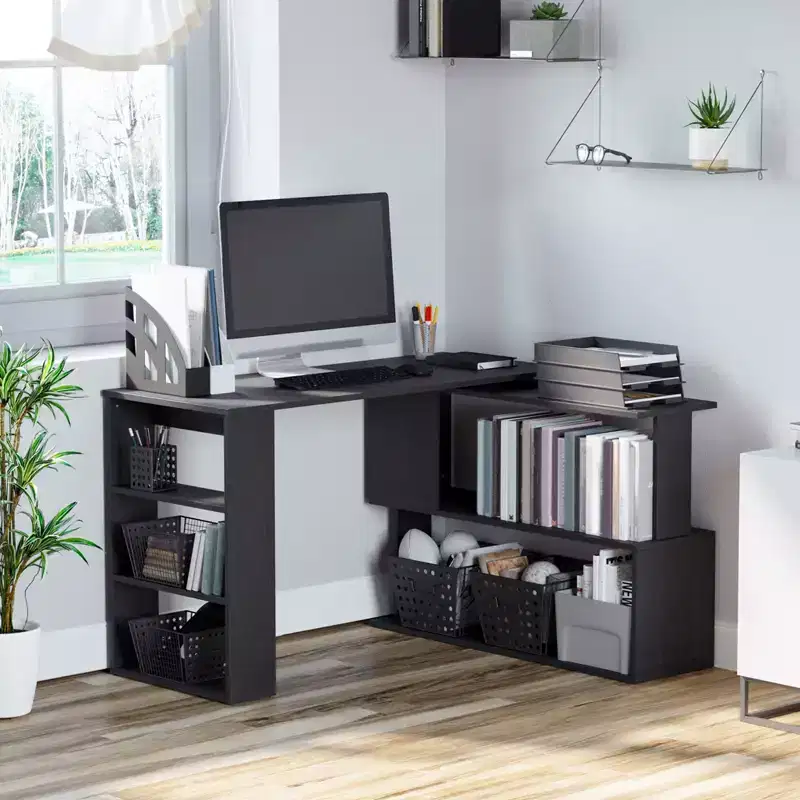 HOMCOM 360 Rotating Home Office Desk L Shaped Corner Computer Desk with Storage Shelves, Writing Table Workstation
