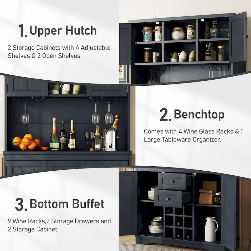 Coffee Bar Cabinet with Drawers, Freestanding Kitchen Pantry with Shelves and Cabinets, Buffet Cabinet with Glass Racks