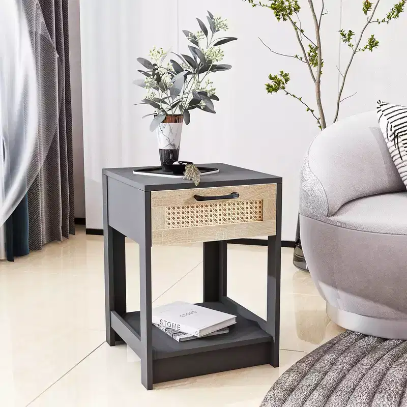 Natural Rattan Nightstand, Bed Side Table with Drawer, Wooden End Table, Rattan Chest of Drawer with Retro Handle for Living Room, Bedroom