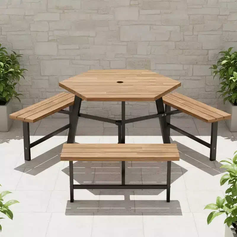Gymax 6-Person Acacia Wood Picnic Table Set with 3 Benches Umbrella Hole Adjustable Non-Slip Feet for Outdoor Use