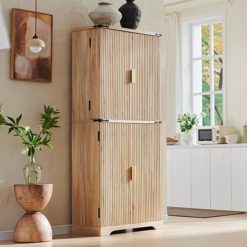 White / Natural Oak / Army Green 4-Door Fluted Storage Cabinet, 72