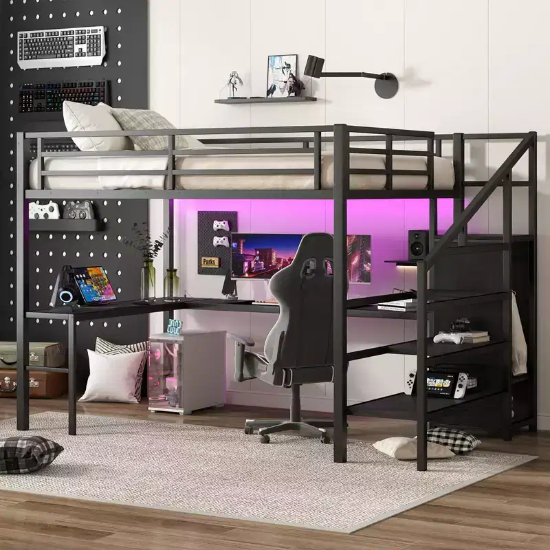 Metal High Loft Bunk Bed with L-Shaped Desk, USB Port, Wardrobe & Adjustable Shelf, LED Light, for Teens & Adults