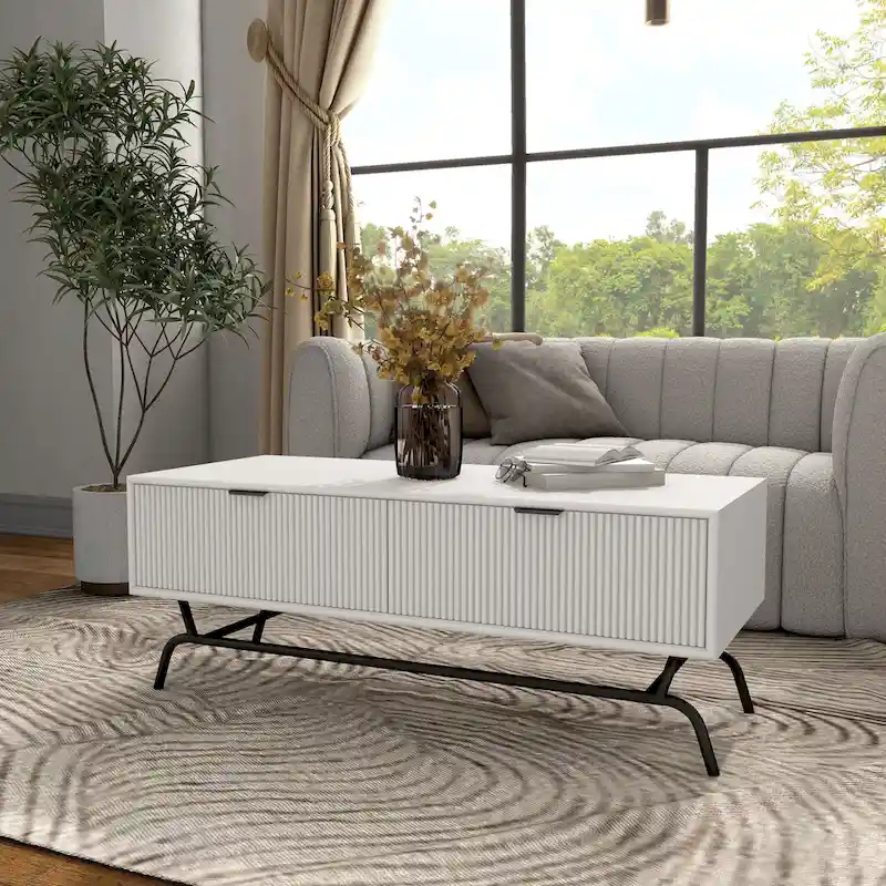 DH BASIC Modern 42-inch 2-Drawers Coffee Table with Metal Legs by Denhour
