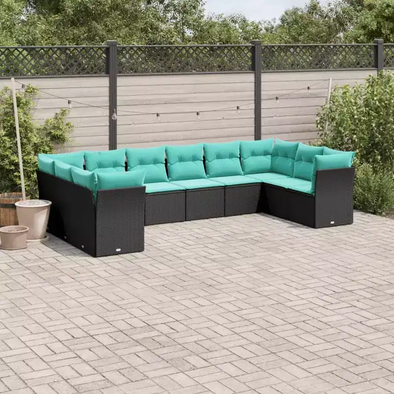 vidaXL 10 Piece Patio Sofa Set with Cushions Black Poly Rattan