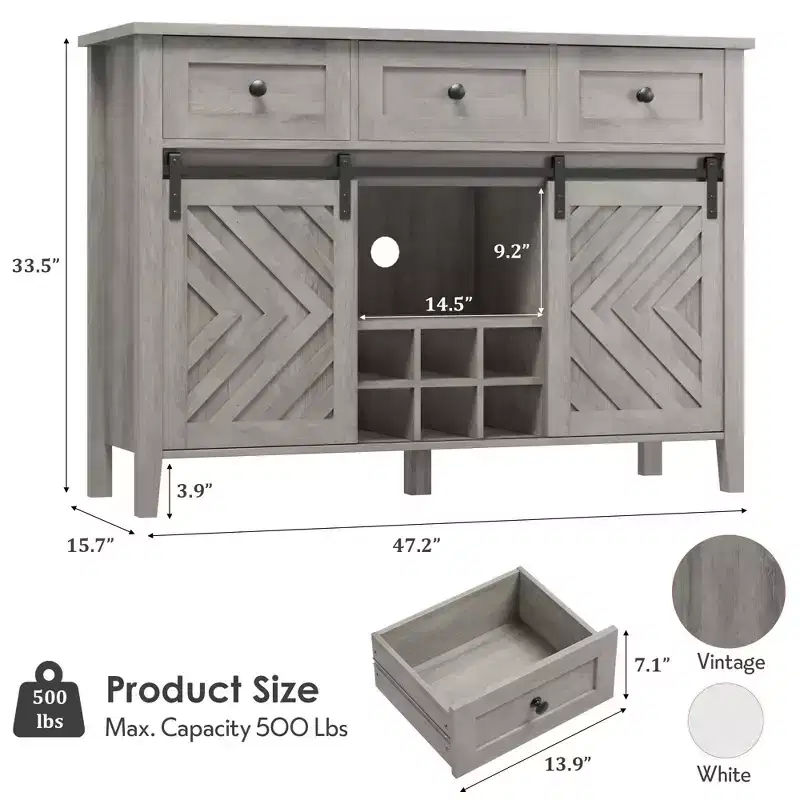 47.2'' Farmhouse Buffet Cabinet with Sliding Barn Door, 33.4'' Tall Wood Rustic Sideboard with 3 Drawer, Adjustable Shelf and Removable Wine Rack