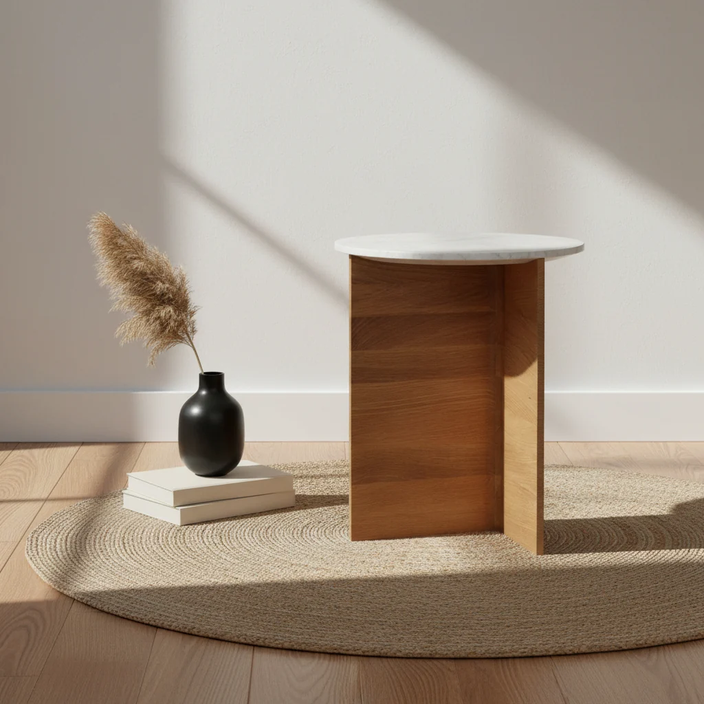 Contemporary Marble & Timber T-Base Side Table with Tapered Panel Detail for Living & Bedrooms
